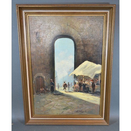 F. Rontini 'Figures At A Market Before An Archway' oil on ca...