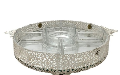 FINE ITALIAN 925 STERLING SILVER & CRYSTAL HANDMADE OPEN FLORAL SECTIONAL DISH