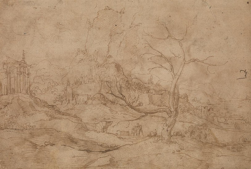 FLEMISH SCHOOL, 16TH CENTURY An Imaginary Landscape with a Loggia and a Large,...