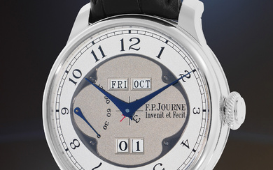 F.P. Journe, A brand new, attractive, and innovative platinum perpetual calendar wristwatch with instantaneous jumping calendar mechanism, leap year indication, power reserve, international guarantee, and presentation box