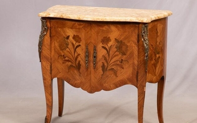 FRENCH MARBLE TOP, WALNUT COMMODE H 30" W 32" D 16"