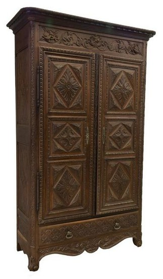 FRENCH WELL-CARVED OAK DOUBLE-DOOR ARMOIRE