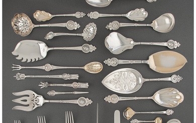 Fifty-Eight Gorham Mfg. Co. Medallion Pattern Silver Flatware Place and Serving Pieces (designed 1864)