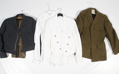 Five assorted military part uniforms. Comprising a Pre-1953 RAF No.8 Tropical White Ceremonial Jacket with Kings Crown buttons and Mess Dress Shirt, a Post-1950 RAF Wing Commander’s Battledress Jacket, a pair of 1967 dated Ugeco French Army Officer’s...