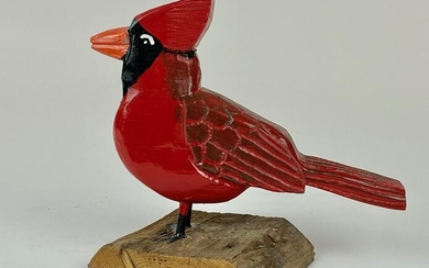 Folk Art Carved and Painted Cardinal on Wooden Stand