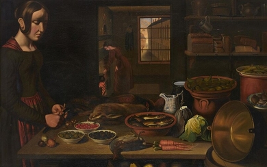 Follower of Benjamin Blake, British 1757-1830- Preparing food in a kitchen; oil on canvas, 103 x 147 cm. Provenance: Originally belonging to the Strachan Family, Stonehaven, Aberdeenshire.; Acquired privately in Kincardineshire, Scotland by the...