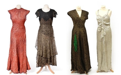 Four Circa 1930's Full Length Evening Dresses, comprising a red/gold...