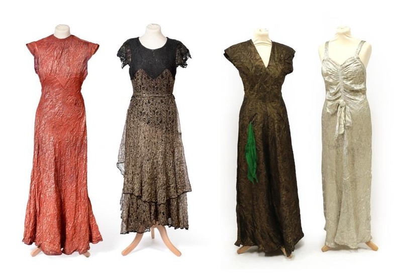 Four Circa 1930's Full Length Evening Dresses, comprising a red/gold...