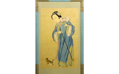 Framed Chinese painting (on silk) : "Young woman with dog" painting former collection of Jeanette Jongen (Schleiper) - 114 x 71 prov : collection "Jeannette Jongen" (Schleiper) ||framed Chinese "Young woman with dog" painting former collection of...