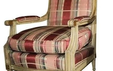 French Bergère Chair, Stamped Maison Jansen, Burberry Style UpholsterySingle polychromed and gilded