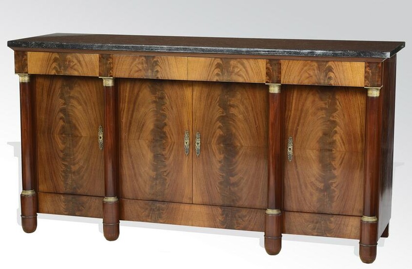 French Empire style flame mahogany marble top buffet