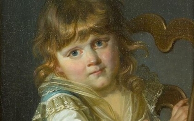 French School, mid-late 18th Century- Portrait of a girl seated on a chair, in a blue and white dress; oil on canvas, 45.5 x 38 cm.