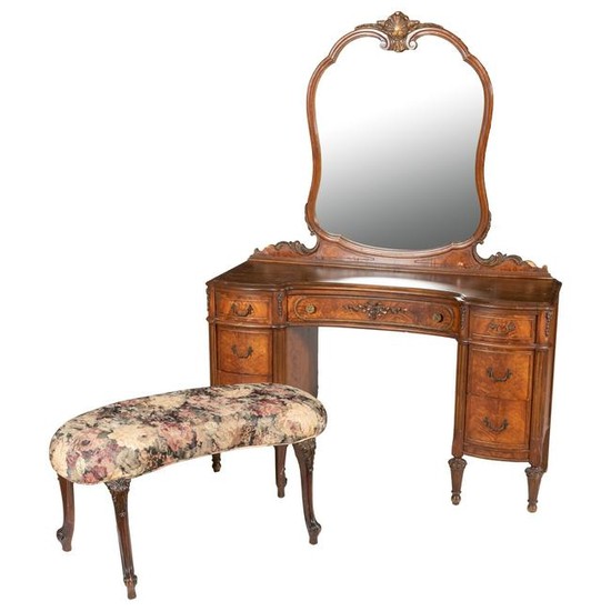 French Style Walnut Vanity and Bench