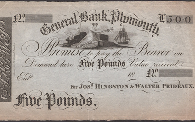 General Bank, Plymouth, for Josh Hingston & Walter Prideaux, proof/unissued £5, 18-,...