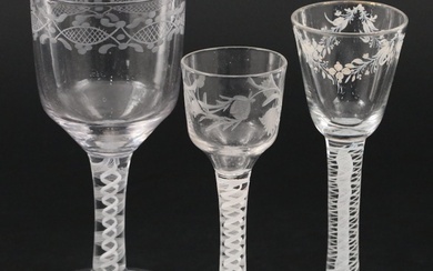 Georgian Beibly Style Enameled Wine Glass with Other Opaque Twist Glasses