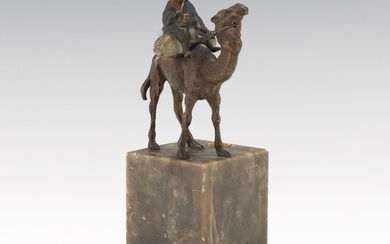 German Cold Painted Metal Cabinet Sculpture of an Arab on a Camel, on Stone Pedestal