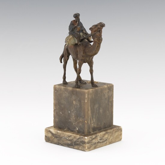 German Cold Painted Metal Cabinet Sculpture of an Arab on a Camel, on Stone Pedestal