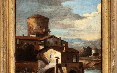 Giuseppe Zais Landscape with houses, tower, river and figures