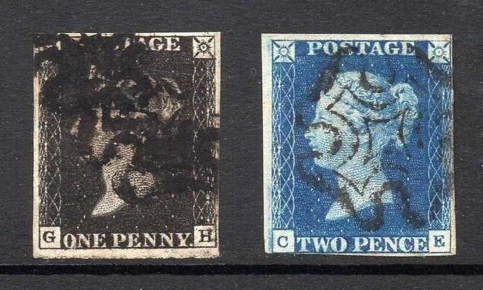 Great Britain 1840 - QV 1d Black Plate 8 and 2d Blue Plate 2 - Stanley Gibbons SG2 SG5