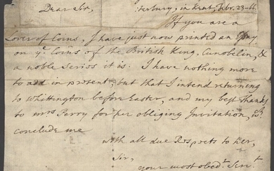 Great Britain Samuel Pegge (The Elder) 1766 (23 Feb.) signed letter to unknown recipient beginn...