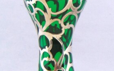 Green silver overlay glass vase