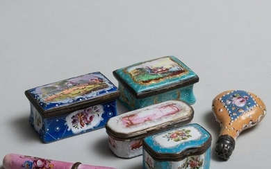 Group of Four Staffordshire Enamel Snuff Boxes, a