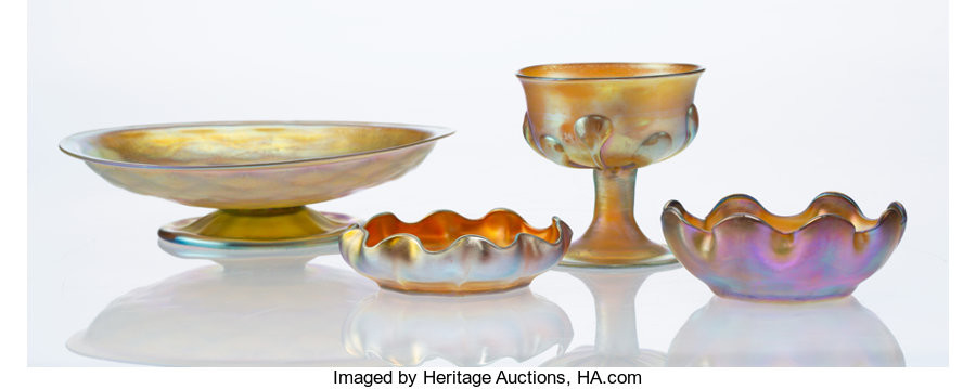 Group of Four Tiffany Studios Favrile Glass Table Articles (early 20th century)