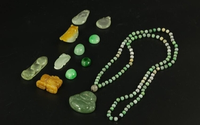 Group of Jadeite Pendants and Cabochons and a Knotted