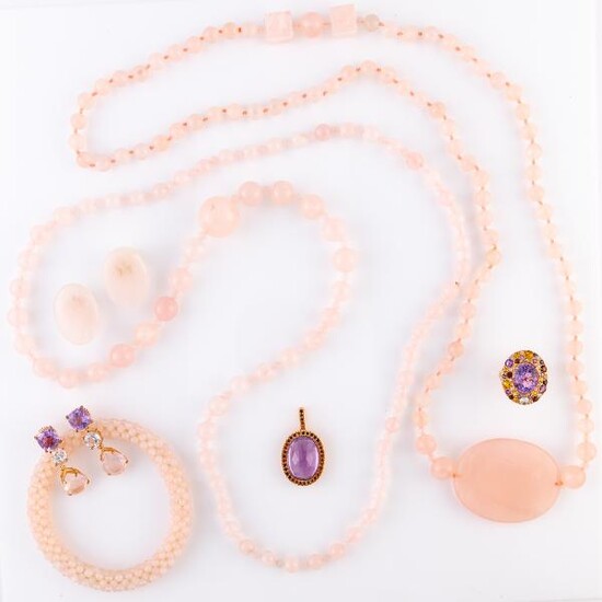 Group of Silver, Metal, Rose Quartz, Amethyst and Gem-Set Jewelry