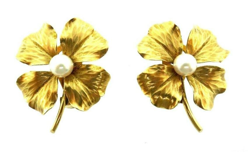HANDMADE 14k Yellow Gold & Pearl Flower Earrings