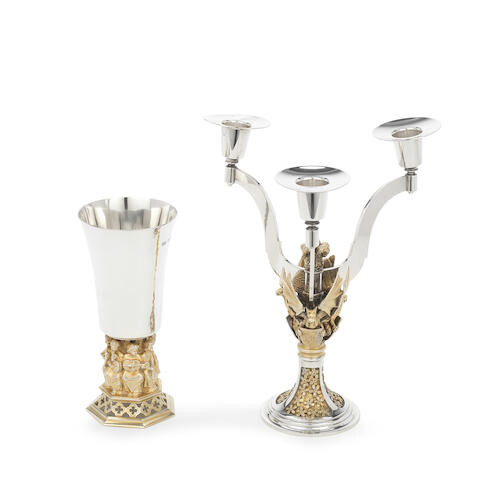 HECTOR MILLER FOR AURUM: A silver and silver-gilt commemorative candelabrum and goblet