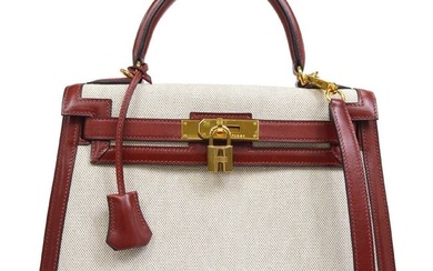 HERMES KELLY 28 SELLIER 2way Hand Bag Natural Rouge H Toile H Box calf #G