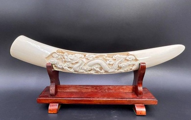 Hand Carved Chinese Sculpture - Dragon Decoration on Wooden Base
