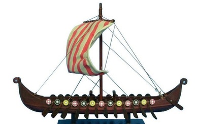 Hand-Crafted Viking 'Drakkar' Wooden Model Boat 14"