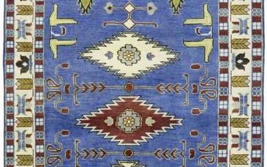 Hand-Knotted Kazak Oriental Rug 6X9 Blue Geometric Tribal Farmhouse Wool Carpet
