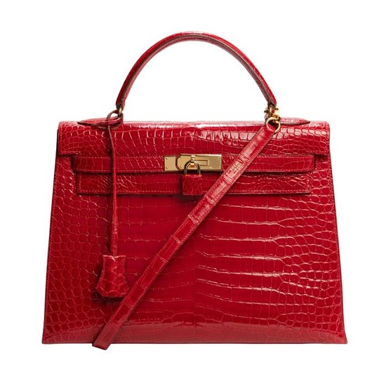 Hermès - ULTRA RARE Kelly 32 sellier en Crocodile Porosus bandoulière "rouge braise", garniture en métal doré Crossbody bag