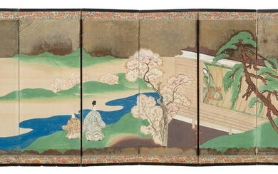 Hinagata screen (byobu) - Lacquered wood, Paper, Silver-leaf - Court - Charming six-panel small room divider with a painting of a ‘The Tale of Genji’-scene, on silver-leaf - Japan - Late Meiji/Early Taishô