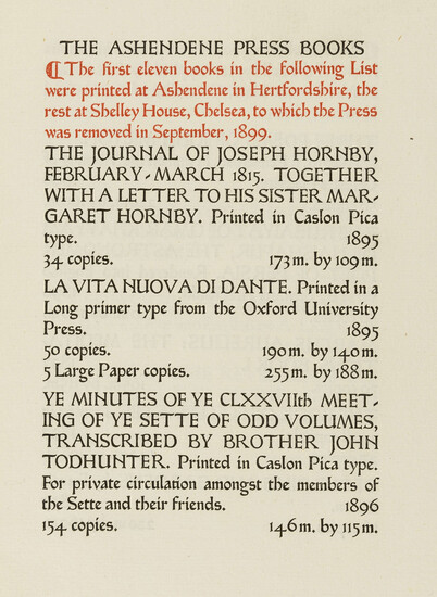 [Hornby (C.H.St.John)] A Hand-list of the Books Printed at the Ashendene Press MDCCCXCV-MCMXXV, [one of c.400 copies], Ashendene Press, 1925 & others (10)