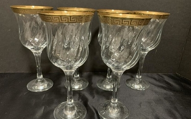 ITALY CRYSTAL WINE GLASSES GOLD GREEK KEY RIM X 6