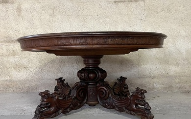 Immense Table Guéridon A Allonges St. Renaissance d'Un Pavillon De Chasse En Noyer ( 504 Cm)