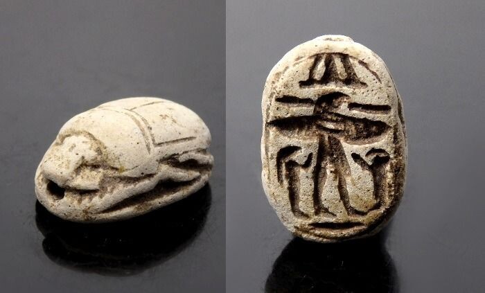 Interesting Ancient Egyptian Steatite Scarab Amulet Engraved With Falcon Headed Horus - 19mm length