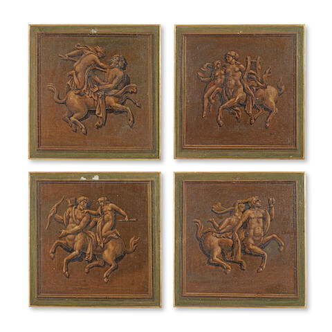 Italian School (18th/19th Century): A set of four decorative 'en grisaille' panels depicting classical mythological groups of centaurs