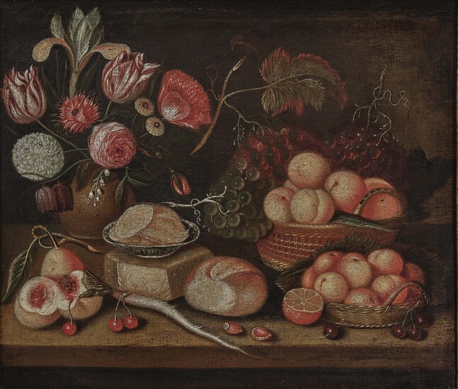 Italie17e s. Nature morte avec fruits, fleurs, pain et radis Huile sur toile. 66 x...