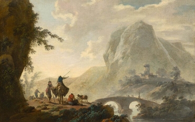 JEAN PILLEMENT(1728 Lyon 1808)Bergers dans un large paysage de rivière. 1787.Huile sur toile. Signé et...