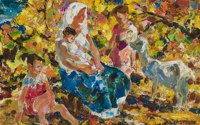 JOHN EDWARD COSTIGAN OIL PAINTING MOTHER & CHILDREN with LAMB American, 1888-1972 Mother and