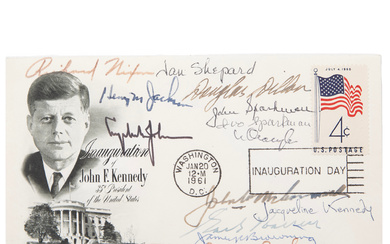 JOHN F. KENNEDY, “First Day Cover”, signed by fol. a. Jacqueline Kennedy, Richard Nixon and Lyndon B. Johnson, United States, January 20, 1961.