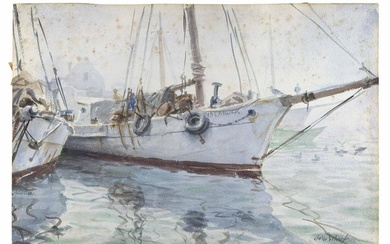 JOHN WHORF (Massachusetts, 1903-1959), "White Sloop, Morning Fog"., Watercolor on paper, 15" x