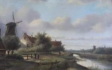 Jacob Coenraad Spohler, met pseudoniem J. C. Corver, (1837-1894) - Hollands landschap met huizen, molen, figuren en beek