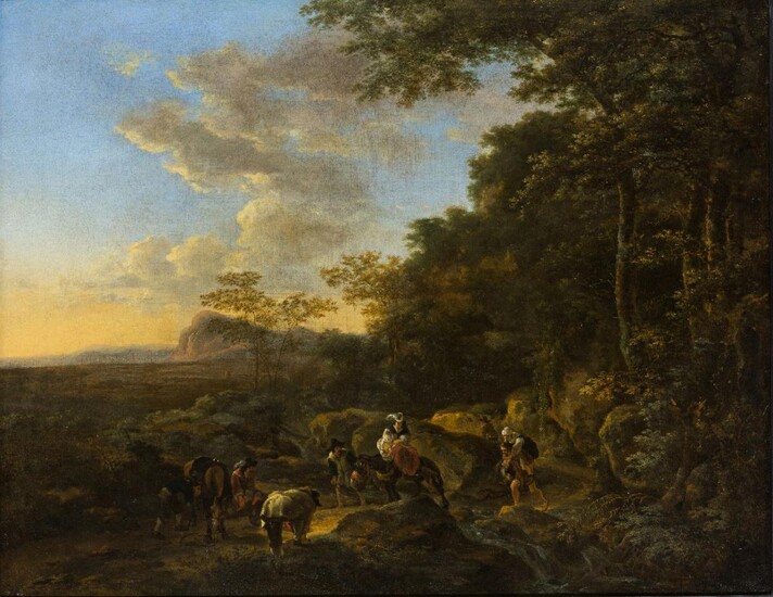 Jan Dirksz. Both, Dutch 1615-1652- A wooded landscape with travellers crossing a ford; oil on canvas, 71.9 x 92.2 cm. Provenance: David Garrick (1717-1779), London; his posthumous sale, Christie's, London, 23 June 1823, lot 11, (95 gns, 11...
