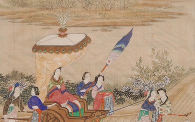 Jeune femme dans un char entourée de dames de compagniePeinture sur soie. Chine, marque.38,5 x...